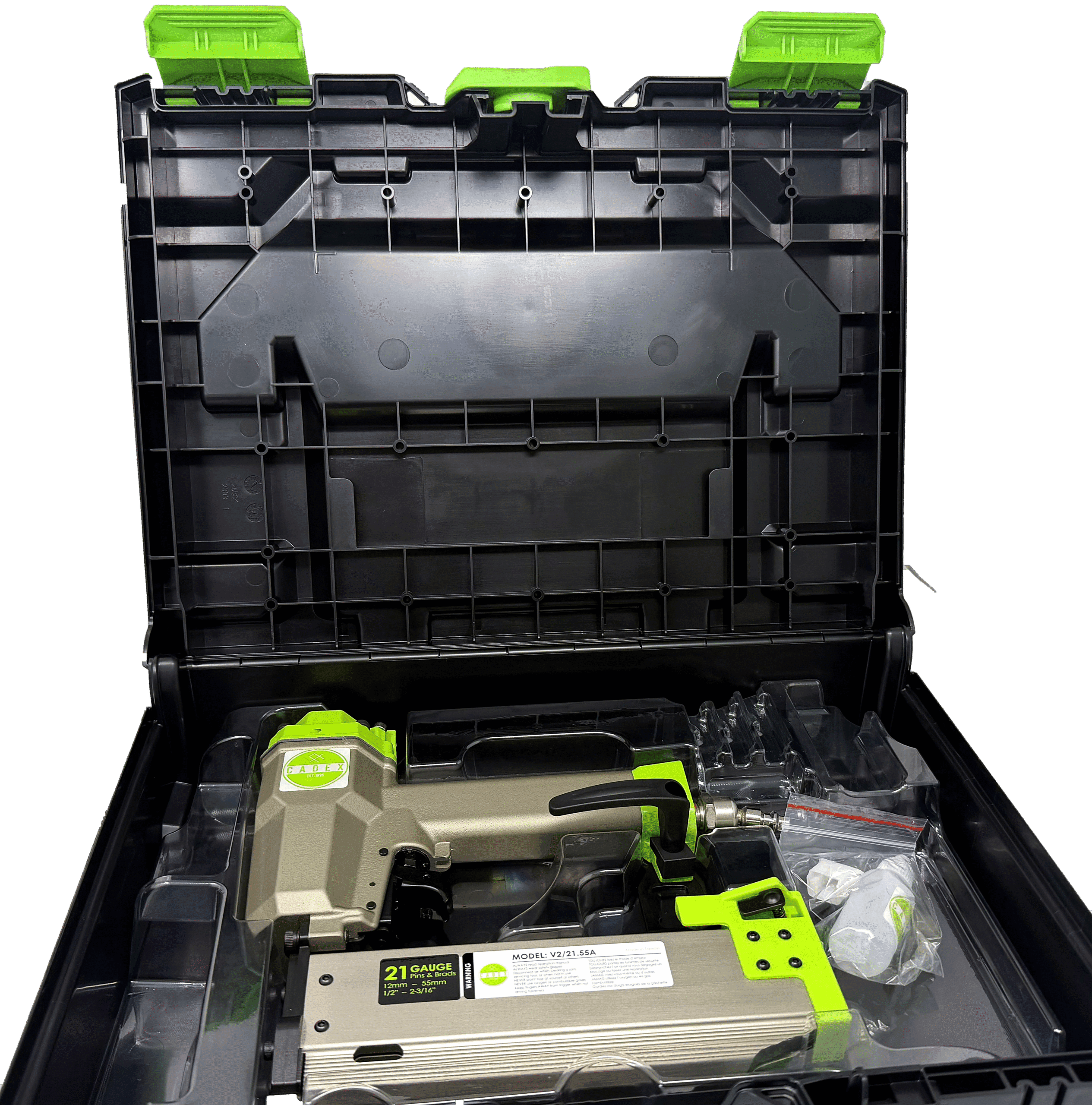 nailer_nobg Cadex V2/21.55A 2-3/16″ 21 Gauge Pinner/Brad Nailer With Reverse Contact Safety in Metabox Case - Image 1